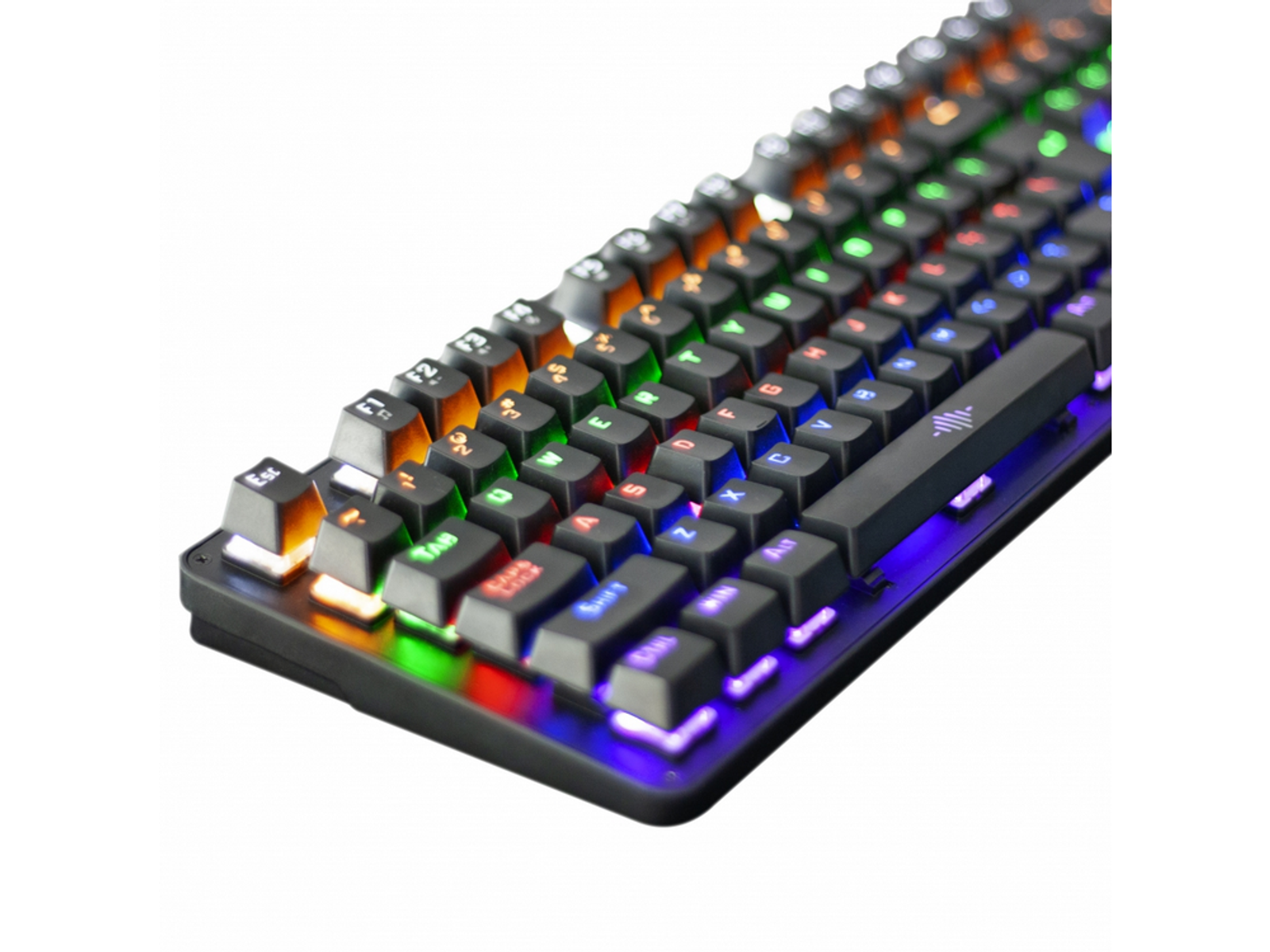 Teclado para juegos, negro con teclas LED de colores. Fondo blanco.