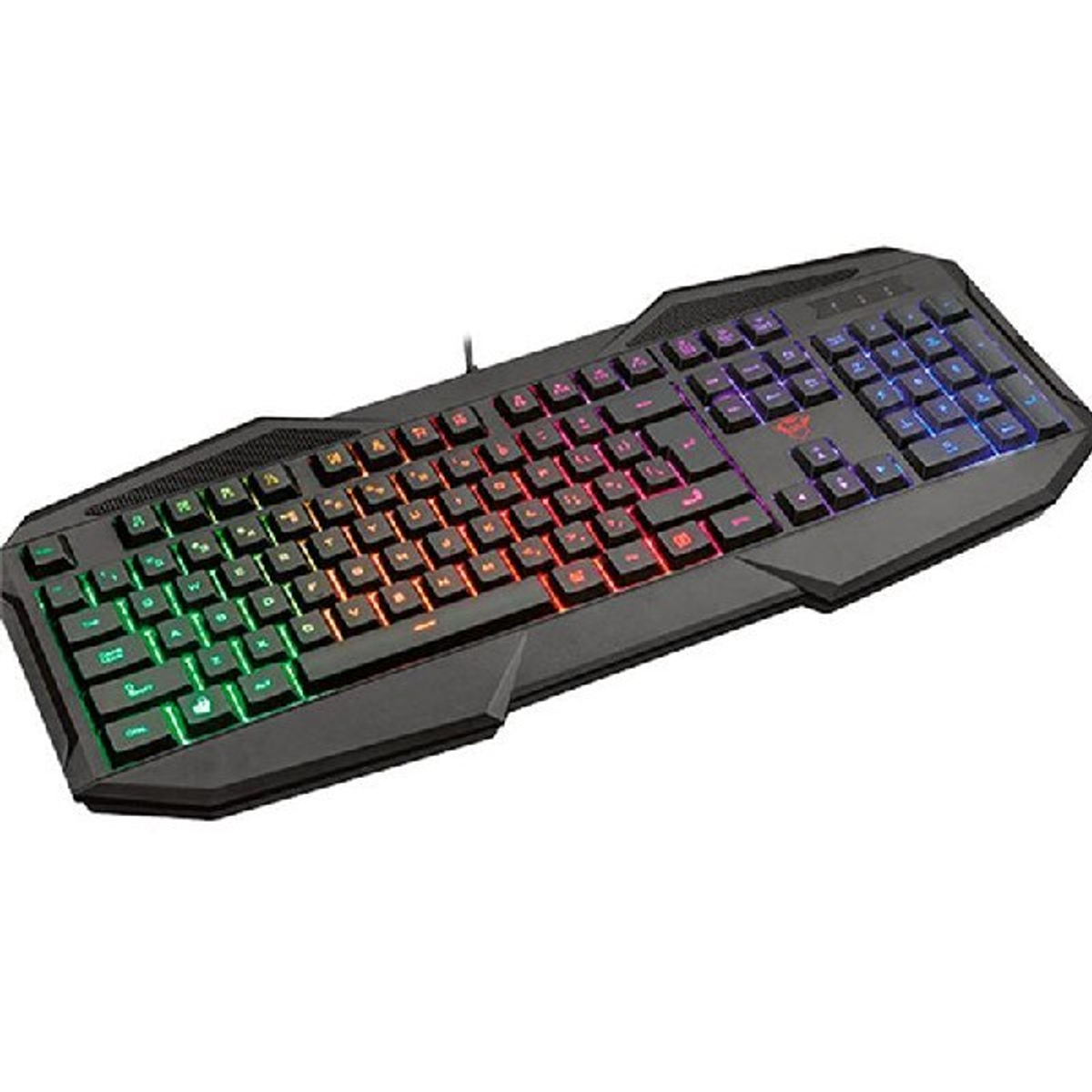 Czarna klawiatura do gier z kolorowymi światłami. Ma unikalny kształt.