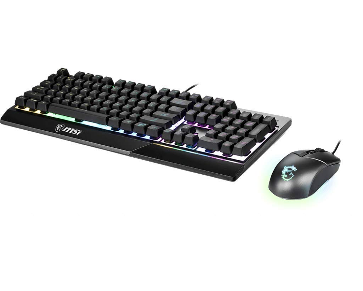 Kit de teclado y ratón gaming MSI. Teclado negro con luces de colores. Ratón negro con logo.