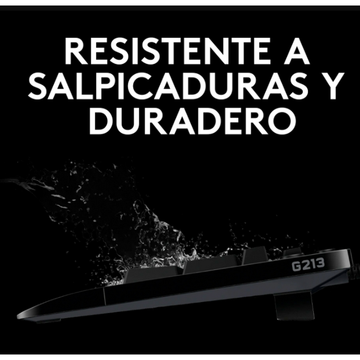 Czarna klawiatura z efektem rozprysku wody. Tekst: 'Odporny na zachlapania'.