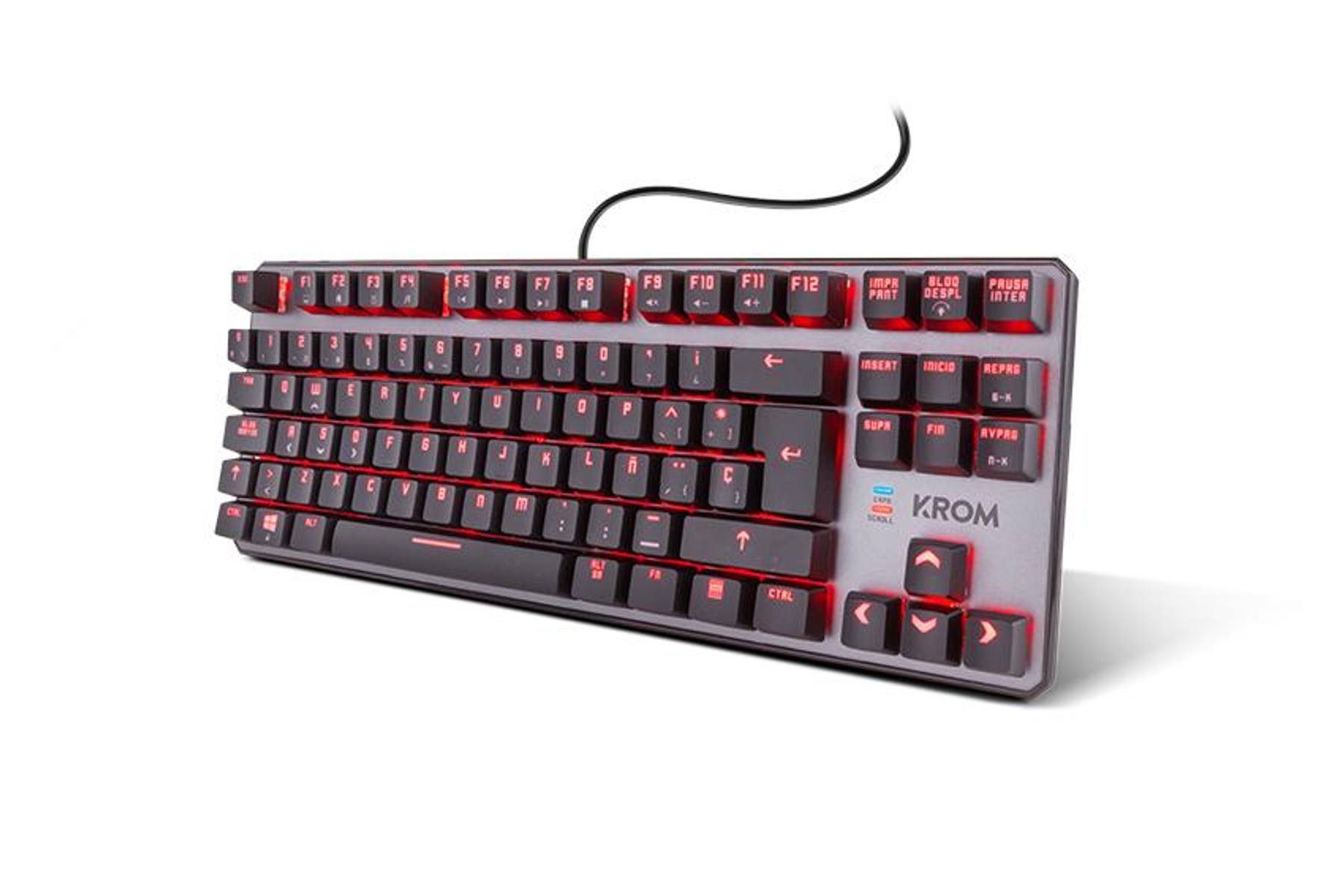 Un teclado negro con teclas iluminadas en rojo sobre fondo blanco. Logotipo KROM.