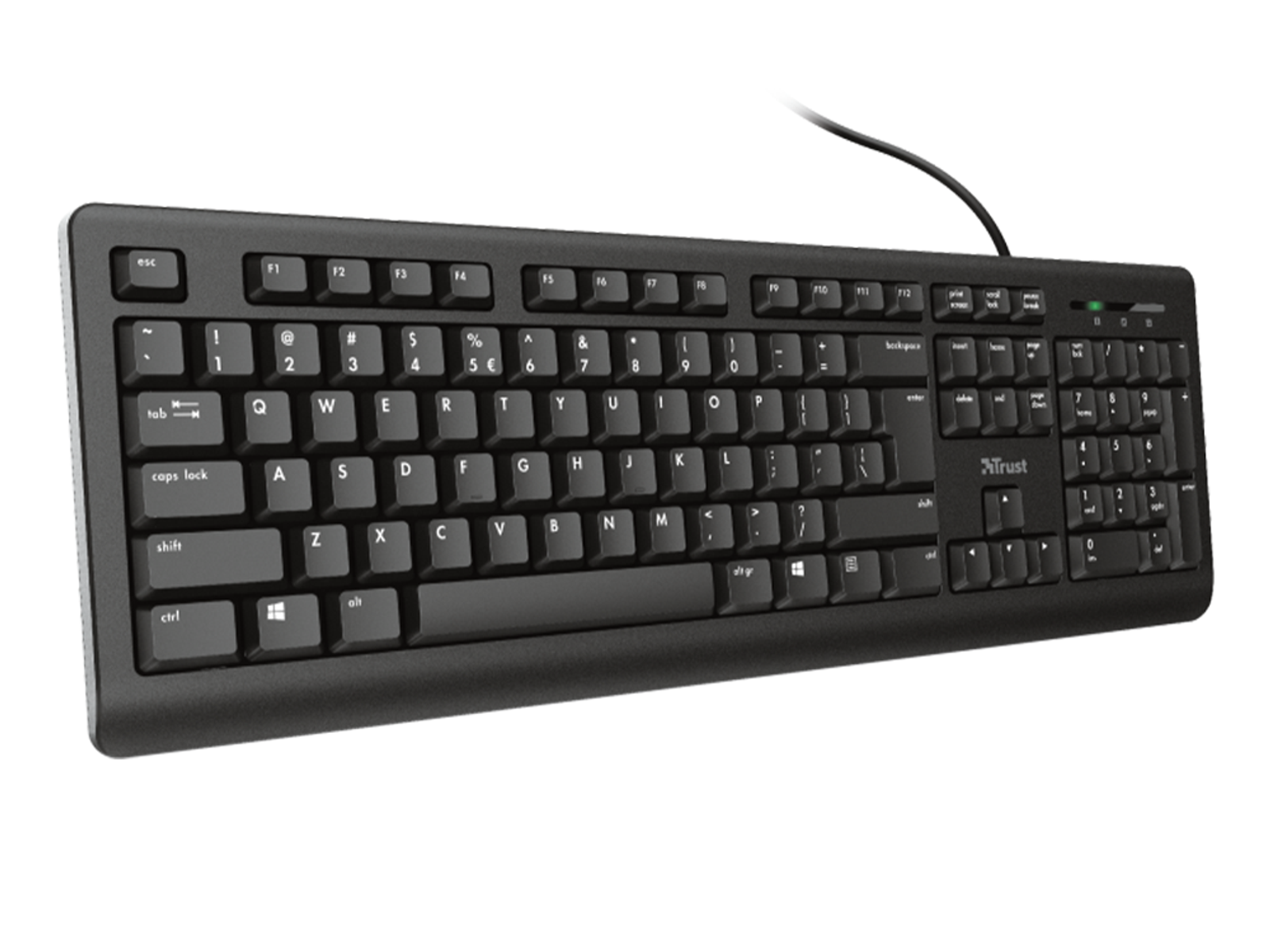 Czarna klawiatura z klawiszami, białymi literami i symbolami, oraz czarnym kablem.