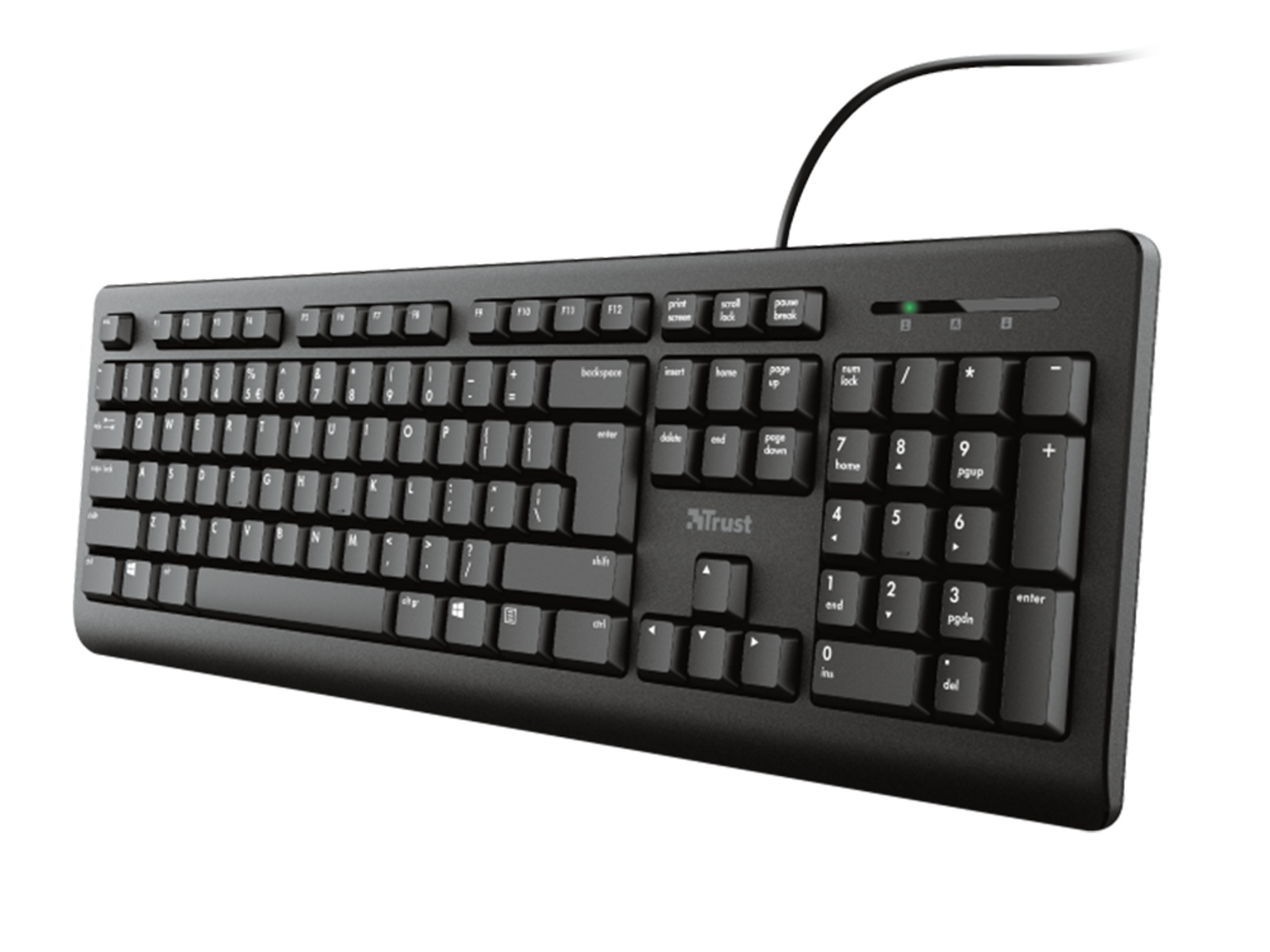 Czarna klawiatura z białymi literami i cyframi. Posiada klawiaturę numeryczną i logo Trust.