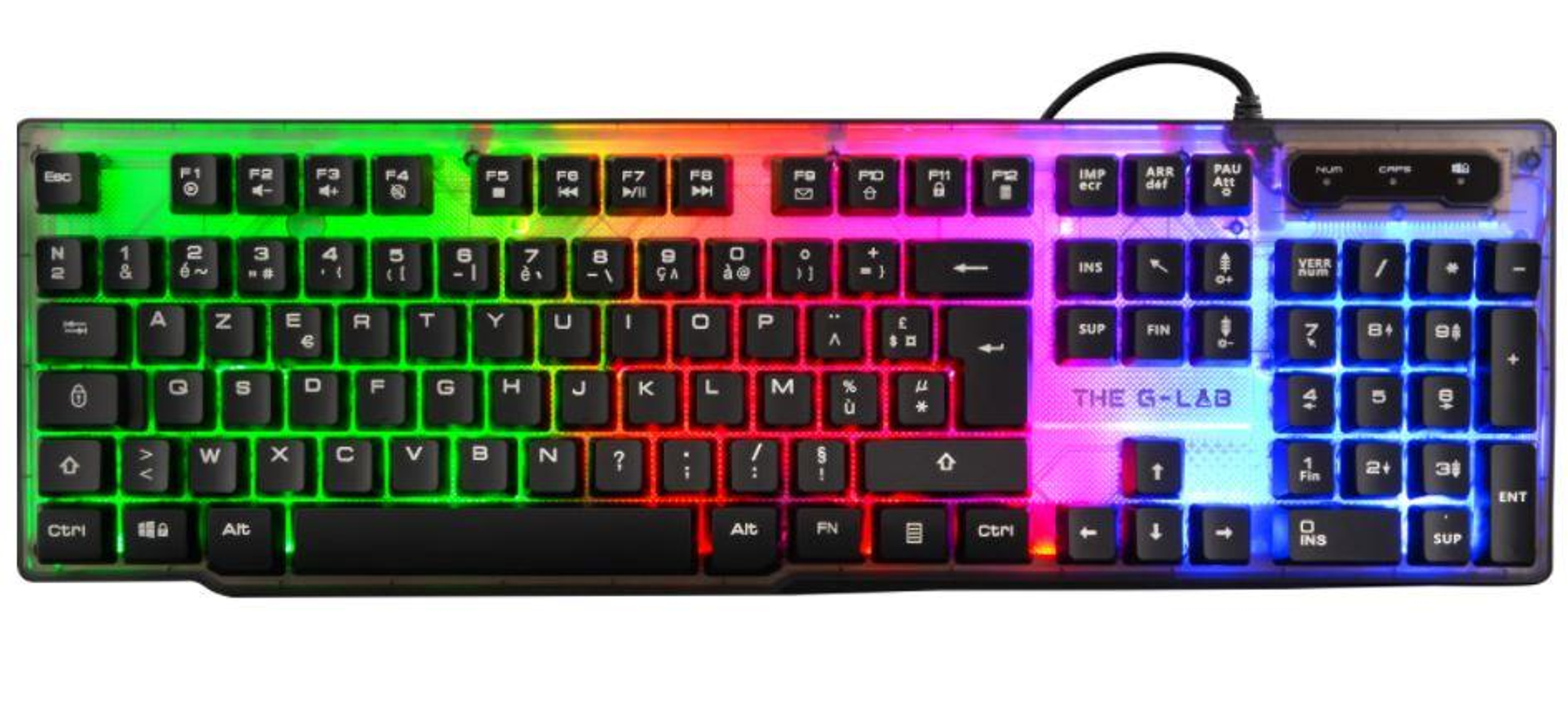 Un teclado LED colorido con teclas negras, con retroiluminación arcoíris.