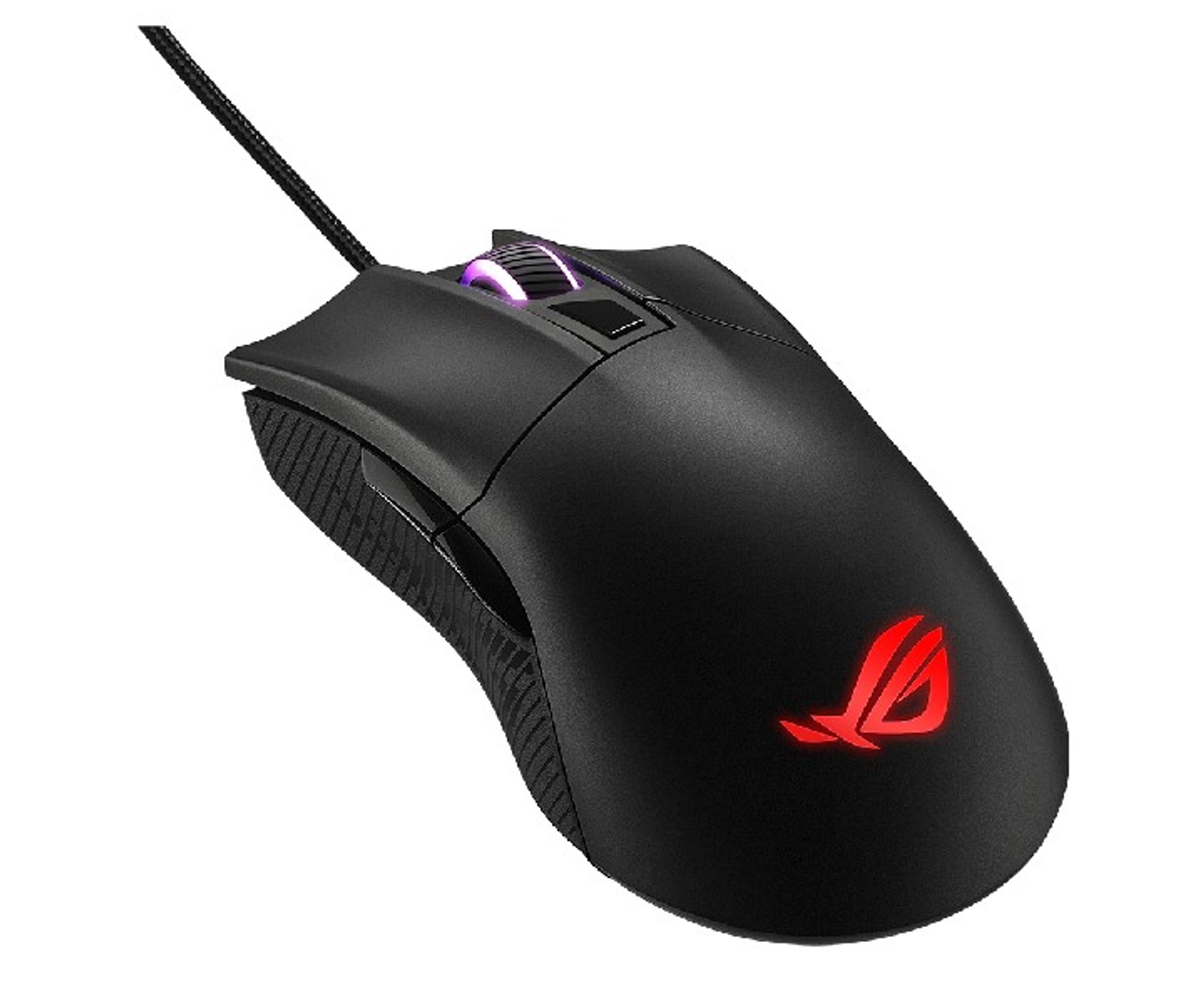Czarna mysz do gier z czerwonym logo. Posiada podłączony kabel.