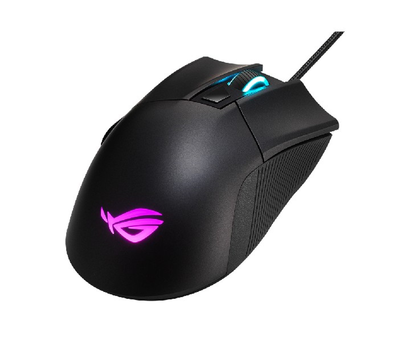 Czarna mysz gamingowa z logo RGB. Posiada przyciski i połączenie przewodowe.