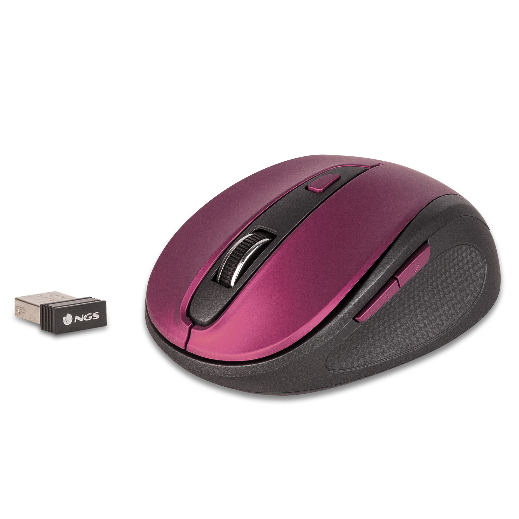 Drahtlose Maus in Pink und Schwarz neben USB-Empfänger.