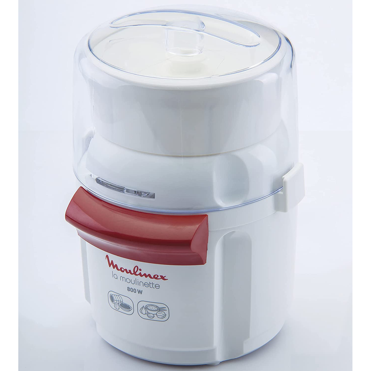 Robot da cucina Moulinex La moulinette bianco con manico rosso, sfondo bianco.