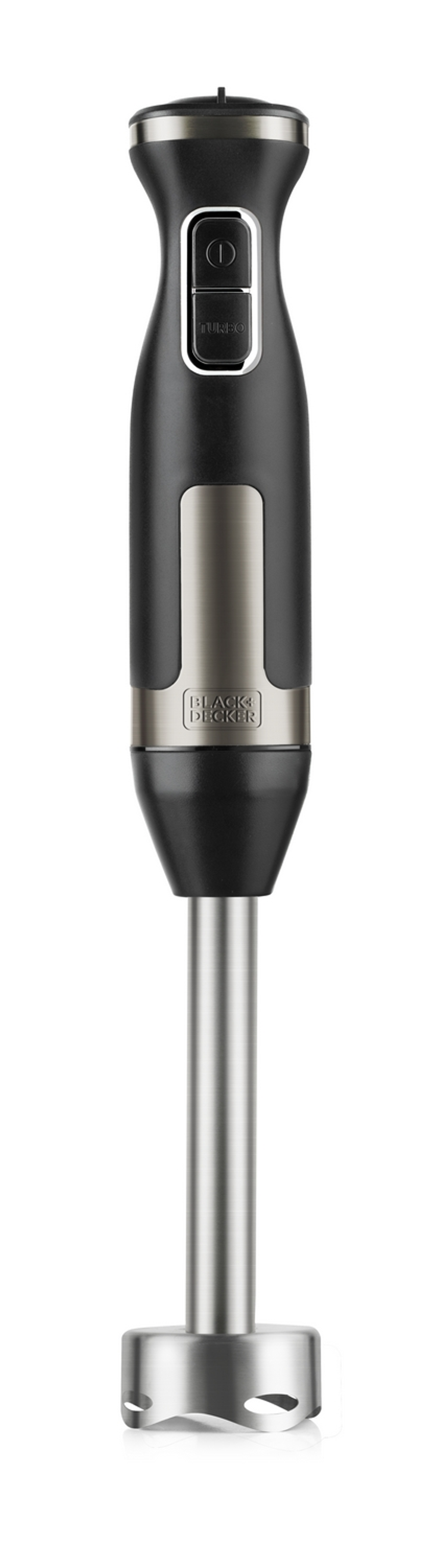 Czarny i srebrny blender ręczny, widok z góry. Ma przycisk zasilania i nazwę marki.