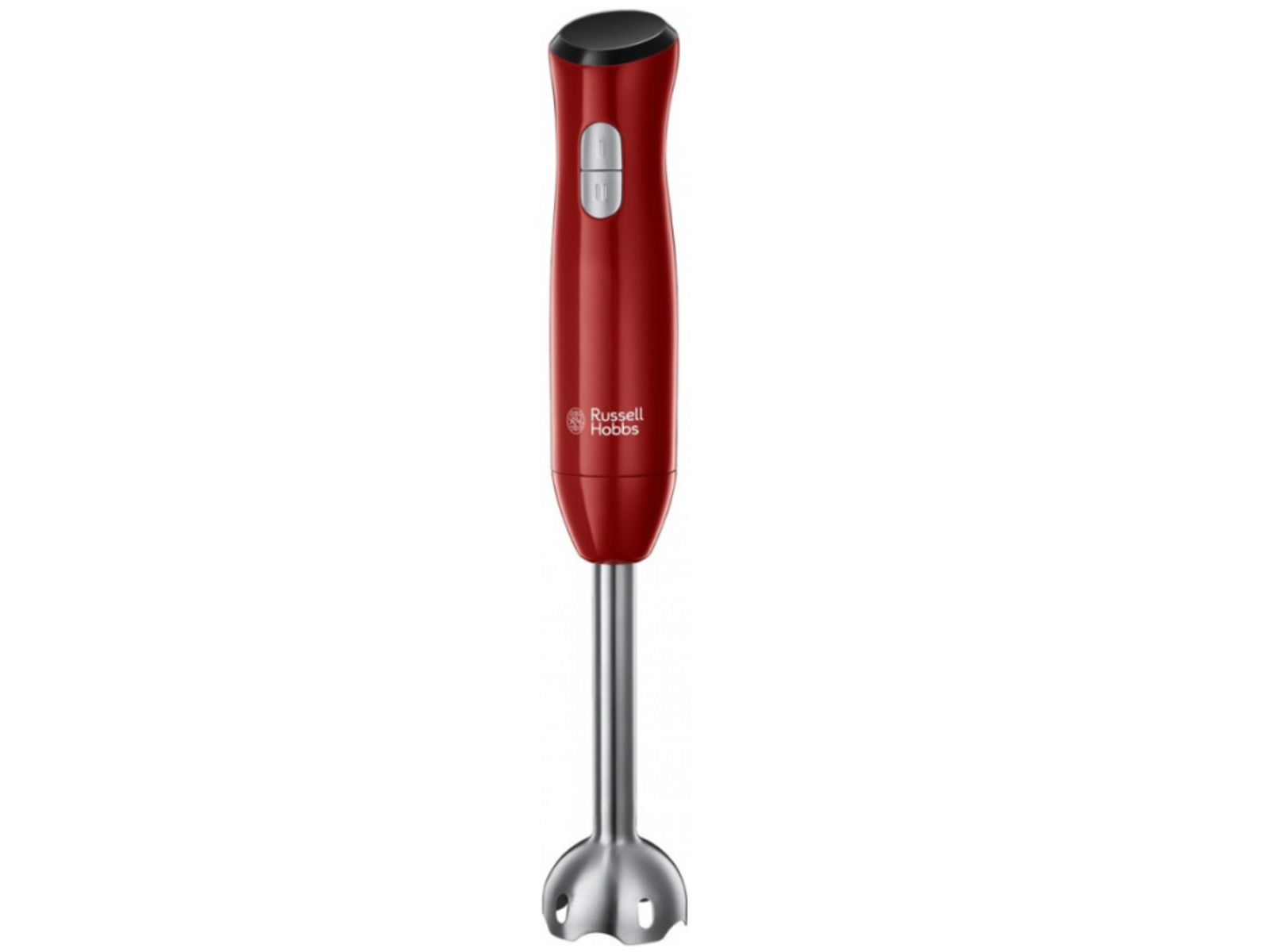 Roter Stabmixer mit silbernem Kopf, weißer Hintergrund.