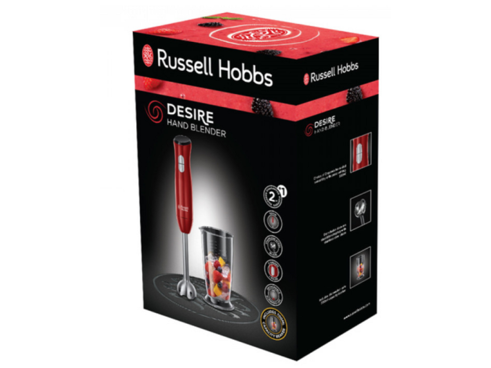 Russell Hobbs Desire Stabmixer im Karton, rot und schwarz.