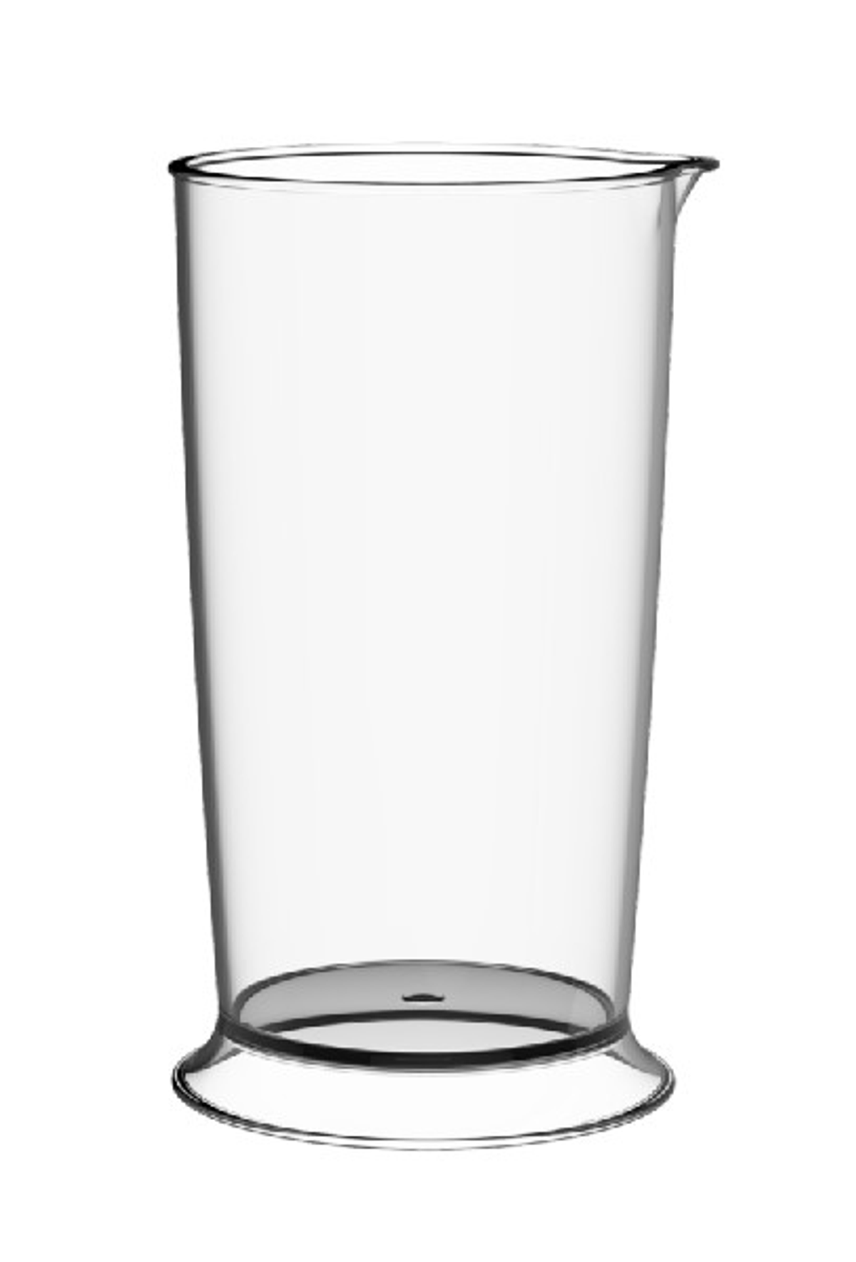 Un bicchiere per miscelazione in plastica trasparente con beccuccio. La tazza è vuota e ha un design semplice.