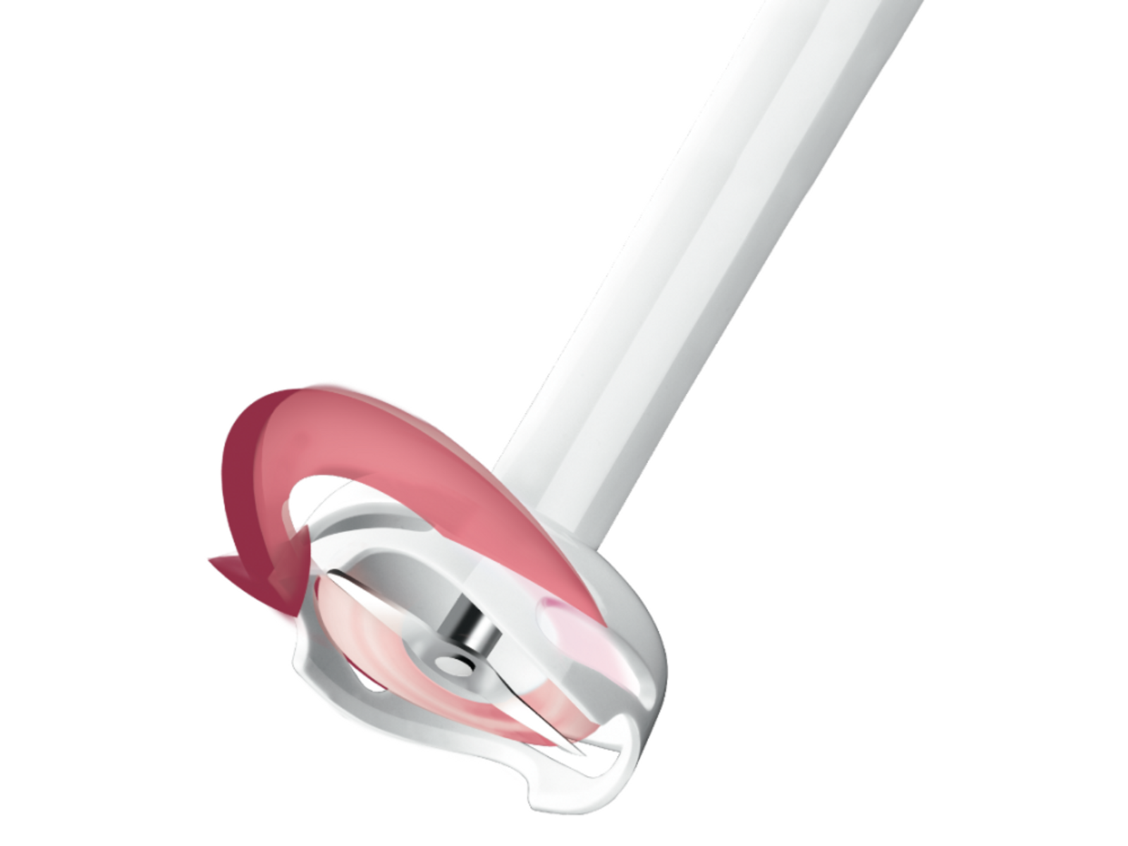 Una cuchilla de licuadora con una flecha rosa que indica su rotación.