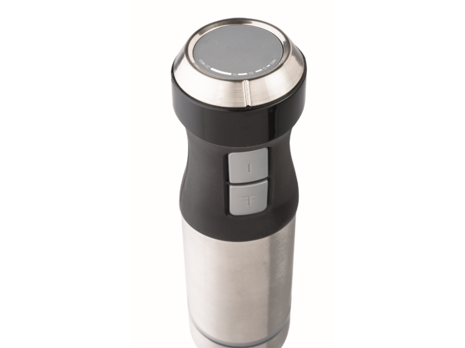 Blender ręczny, widok z góry, z przyciskami do kontroli prędkości i mocy.