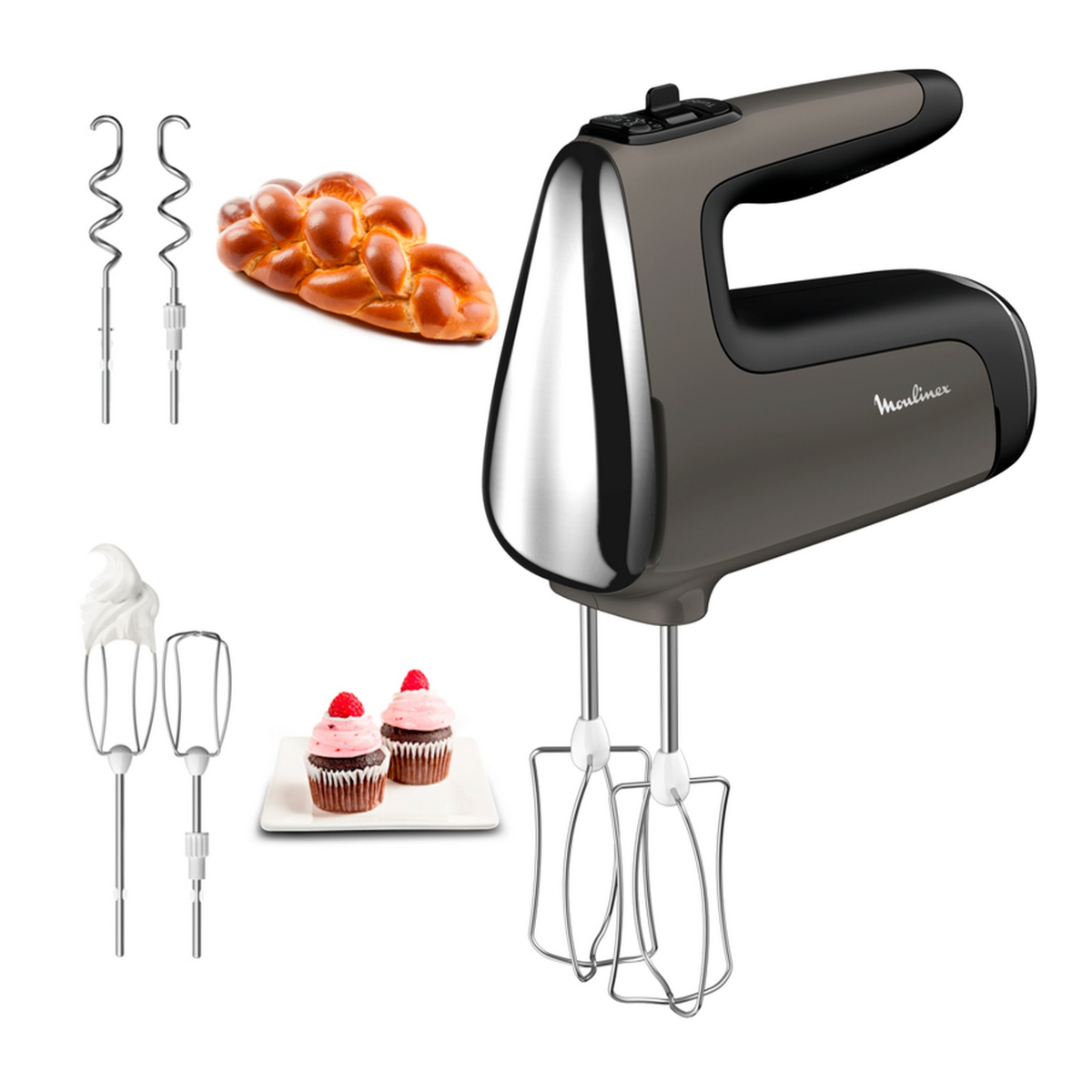 Batidora de mano Moulinex gris con accesorios y productos horneados.