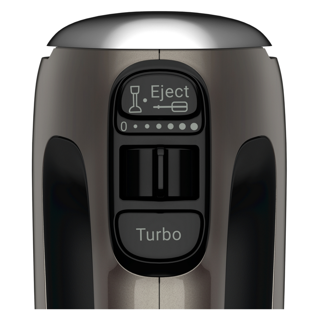 Batidora de mano gris oscuro con botones 'Eject' y 'Turbo'. Detalles negros y plateados.