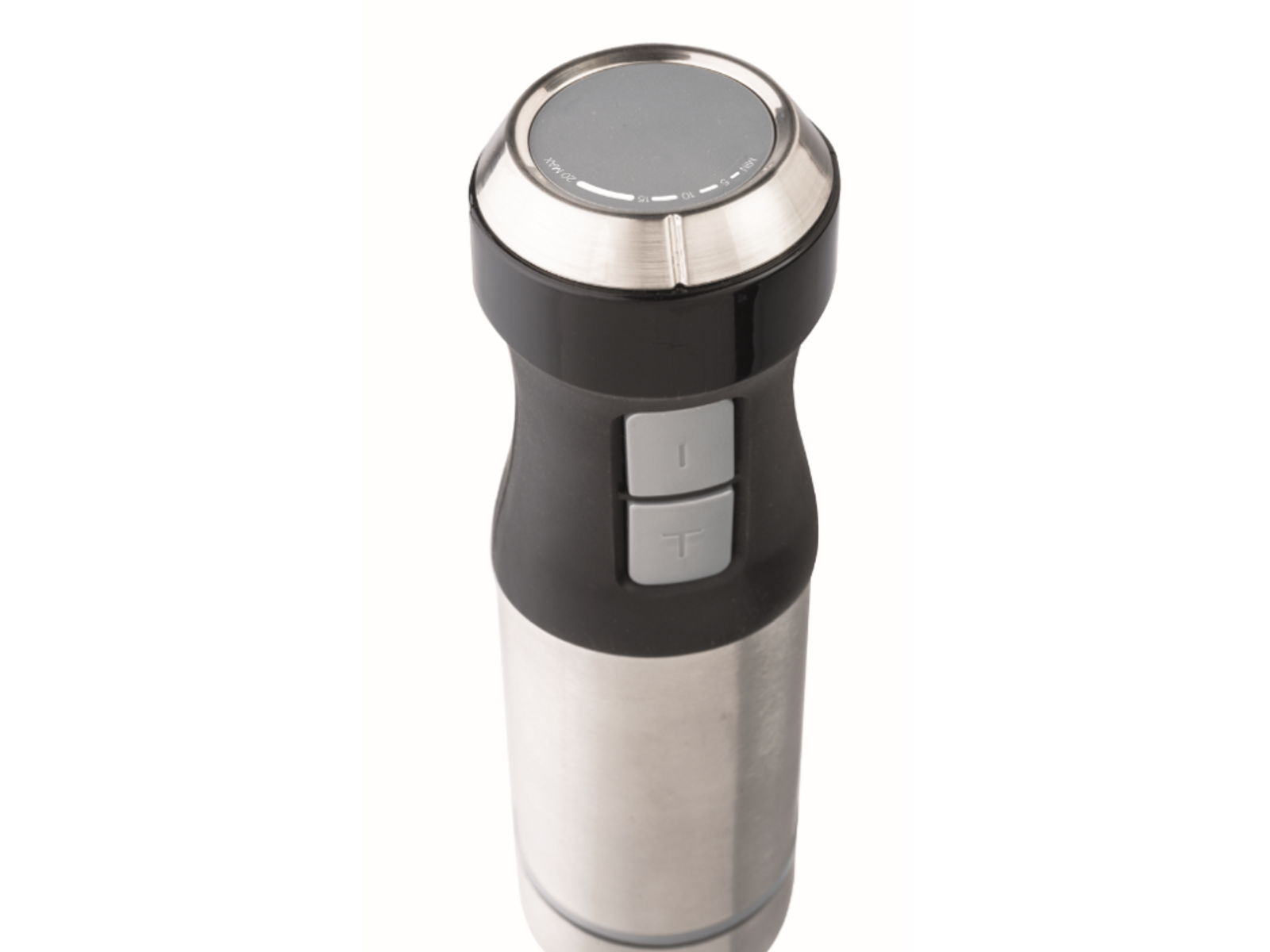 Widok z góry na czarny i srebrny blender ręczny z przyciskami, na czarnym tle.