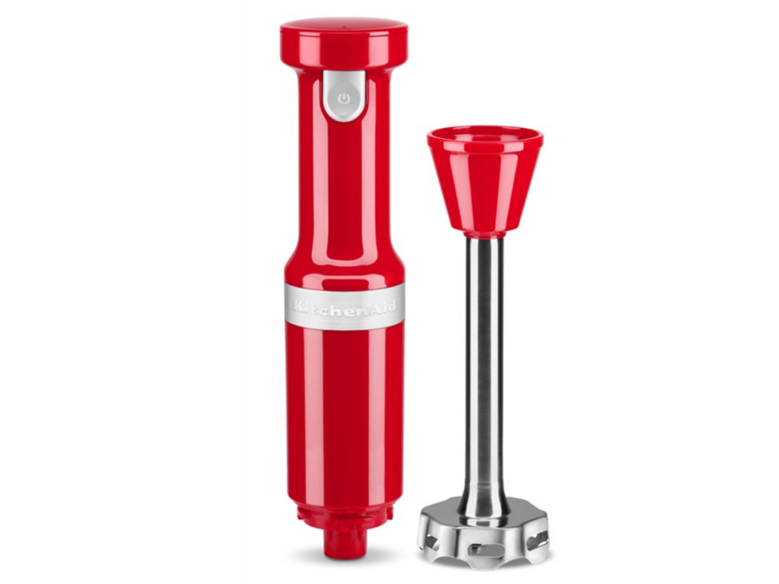 Roter KitchenAid Stabmixer mit abnehmbarem Mixstab und Mixbecher.