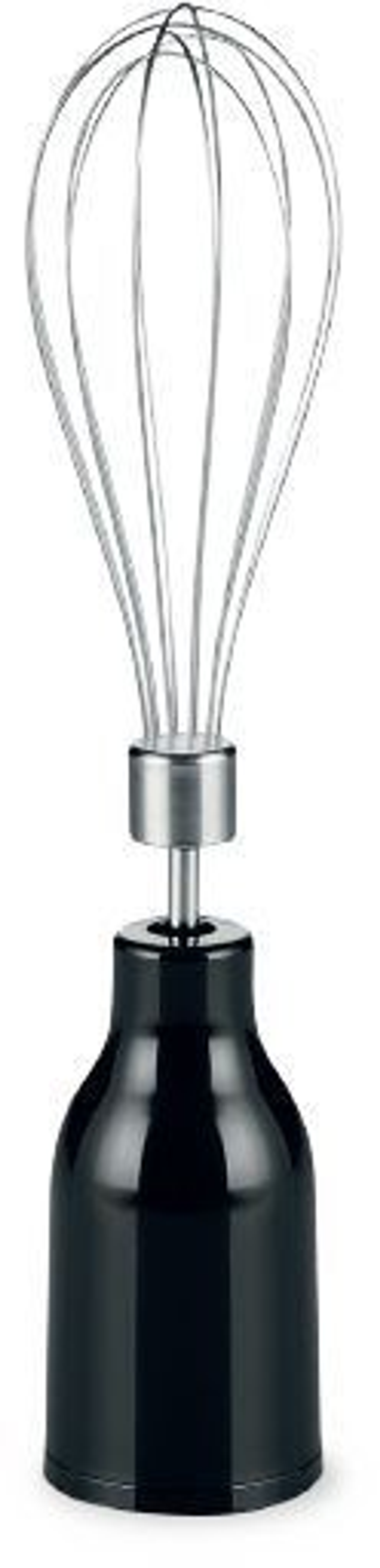 Czarny przystawka do blendera ręcznego ze trzepaczką ze stali nierdzewnej, na białym tle.