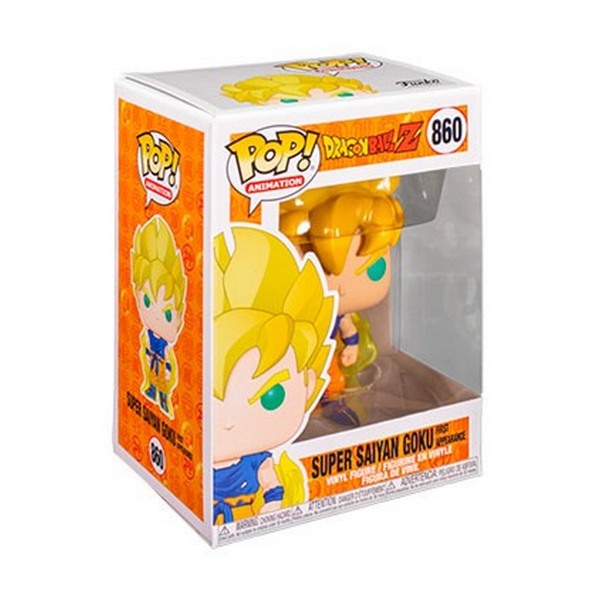 Una figura di Super Saiyan Goku in scatola di Dragon Ball Z, con colori vivaci e grafica dettagliata.