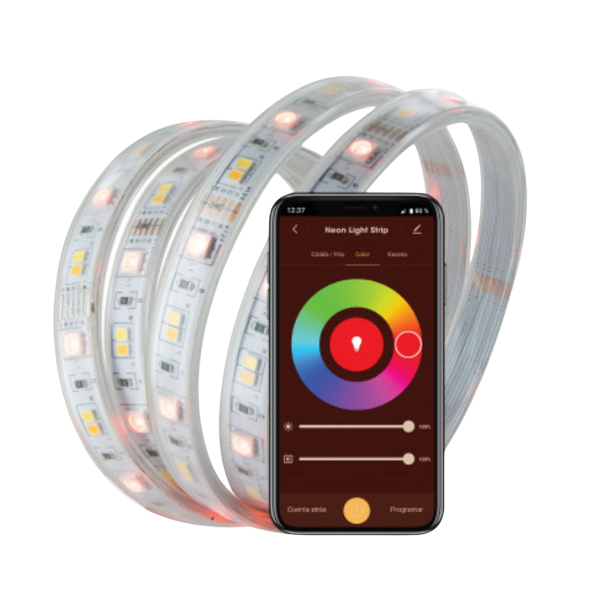 Neonowa listwa świetlna zwinięta wokół smartfona z kołem kolorów.