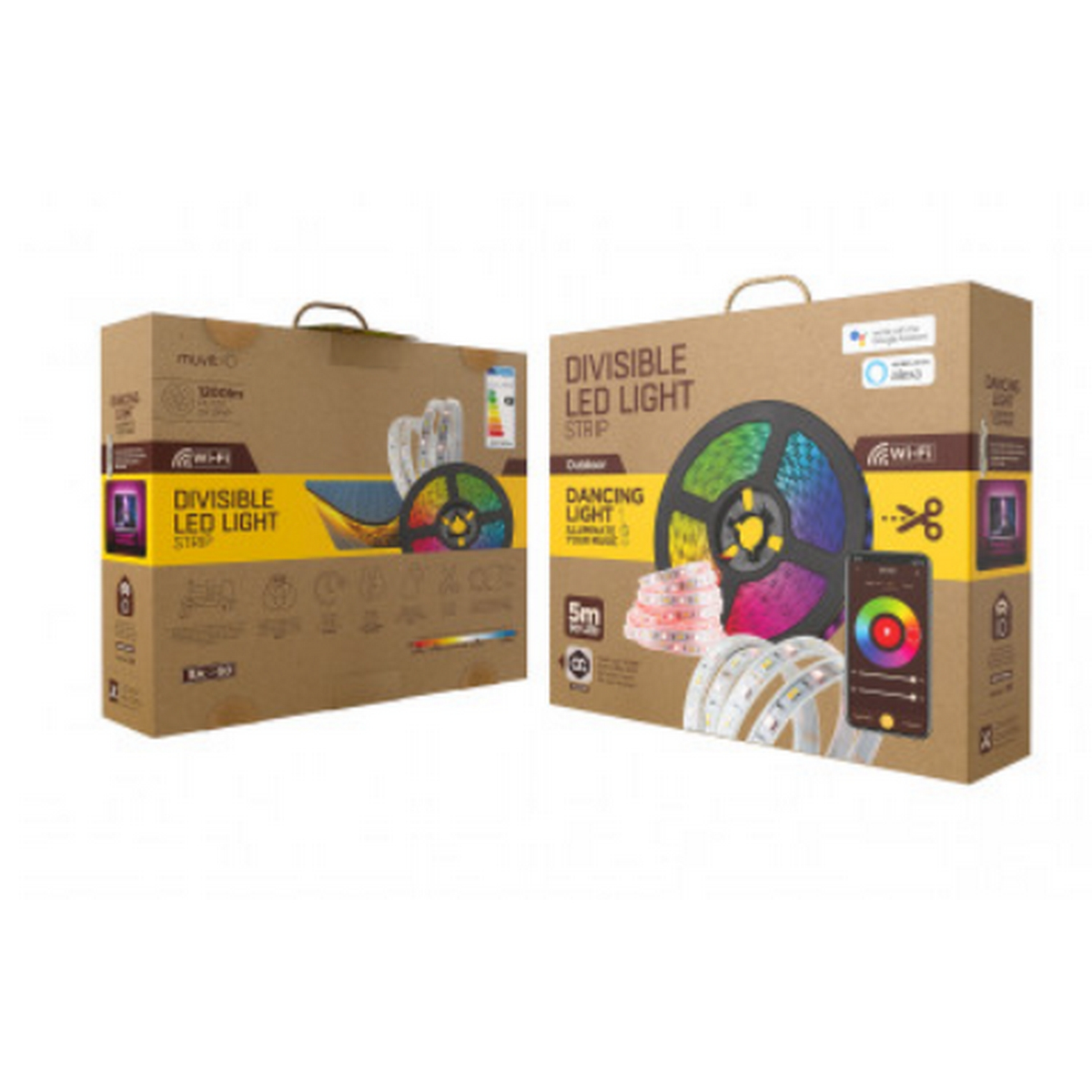 Dwa kartonowe pudełka podzielnych pasków LED, pokazujące produkt i szczegóły.