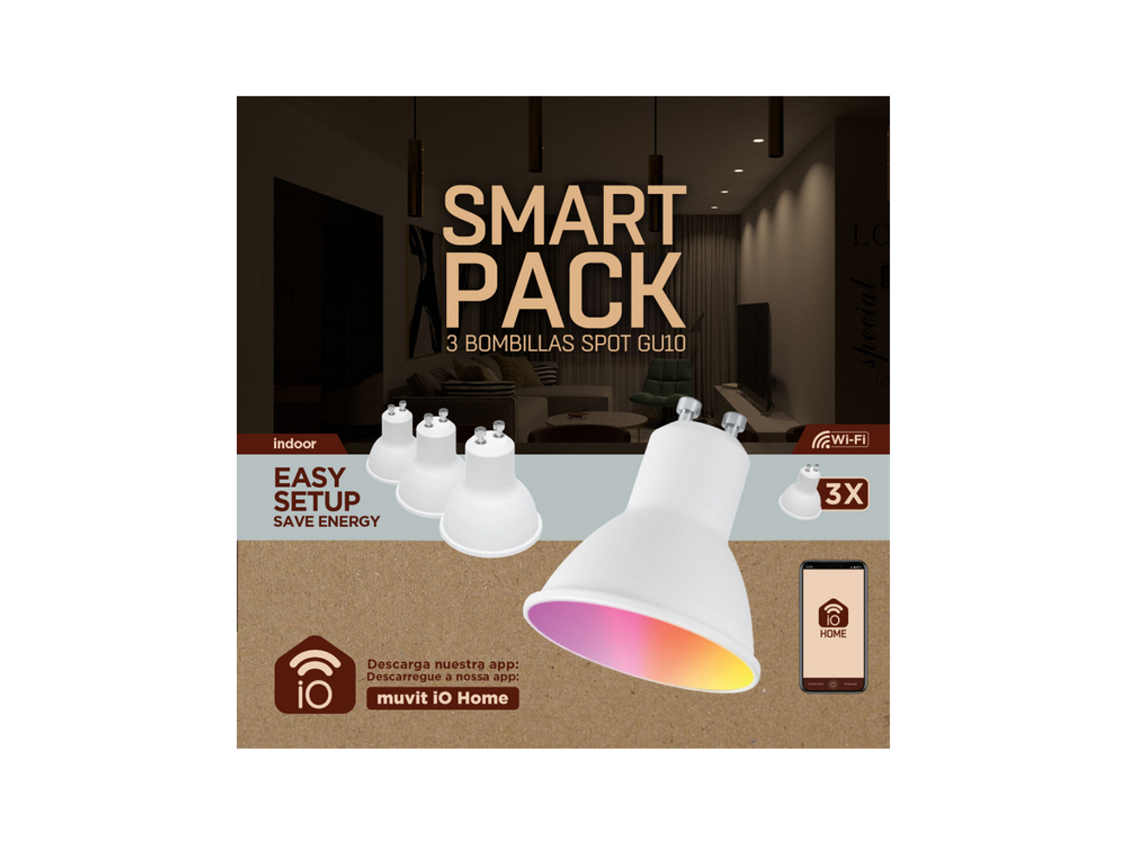 Smart Pack z 3 żarówkami i telefonem, pokazującym pokój. Białe tło.