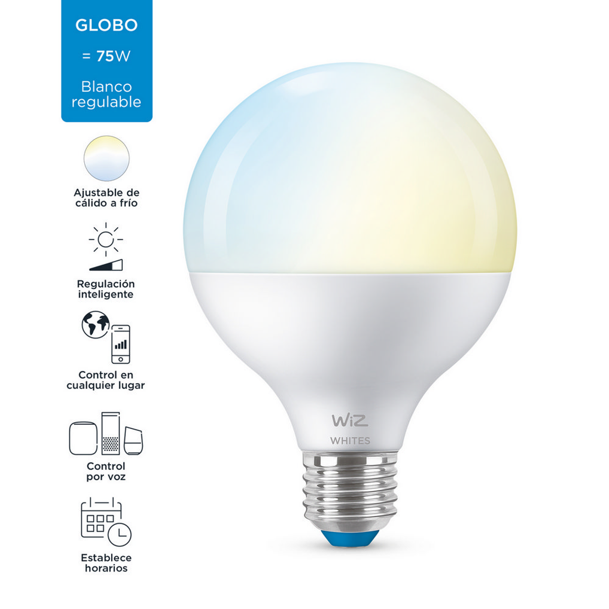 Una lampadina bianca con base blu. Ha una forma sferica. Il testo indica 75W.