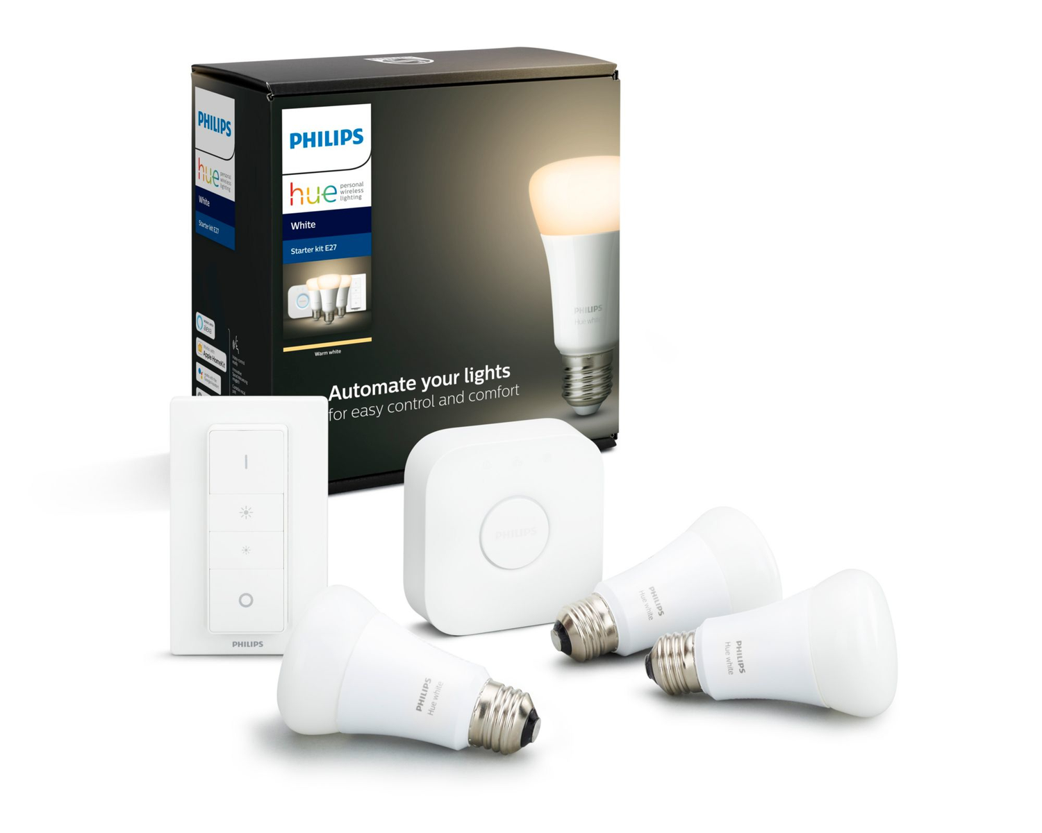 Kit 3 Bombillas philips hue white 9w e27 puente mando de iluminación inteligente bluetooth led y luz blanca smart lighting inicial huewa starter set 3xe27