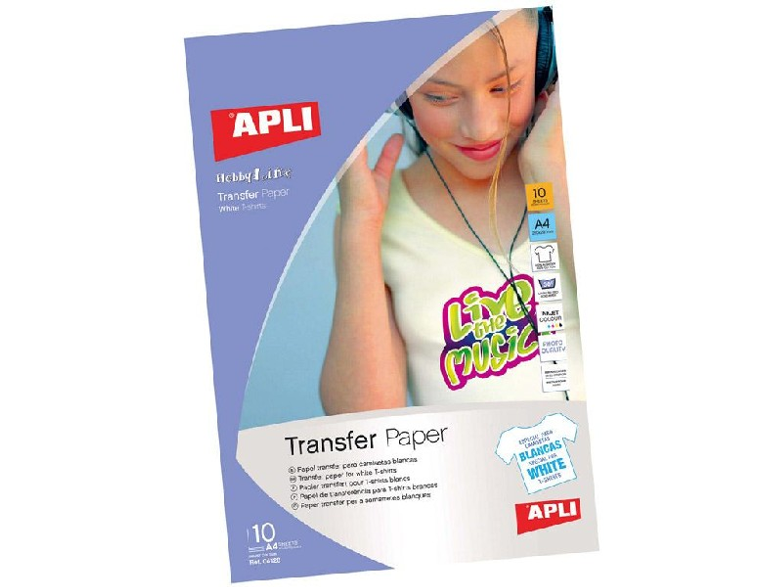 Paquete de papel de transferencia tamaño A4 con una mujer con auriculares en la portada.