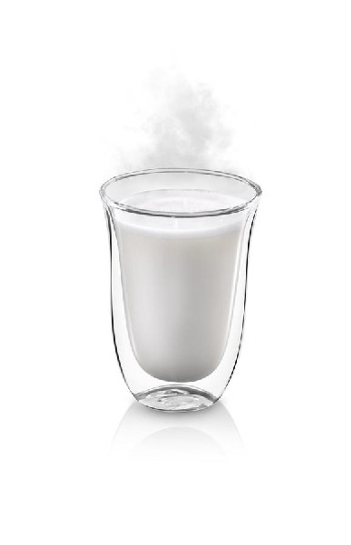 Un vaso de leche de doble pared. Vapor sale de la parte superior del vaso.