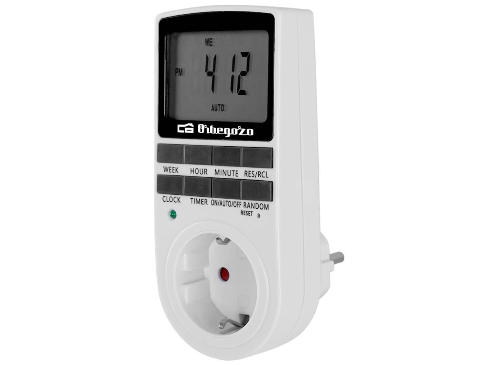 Temporizador digital blanco con enchufe, botones y pantalla digital que muestra la hora: 4:12 PM.