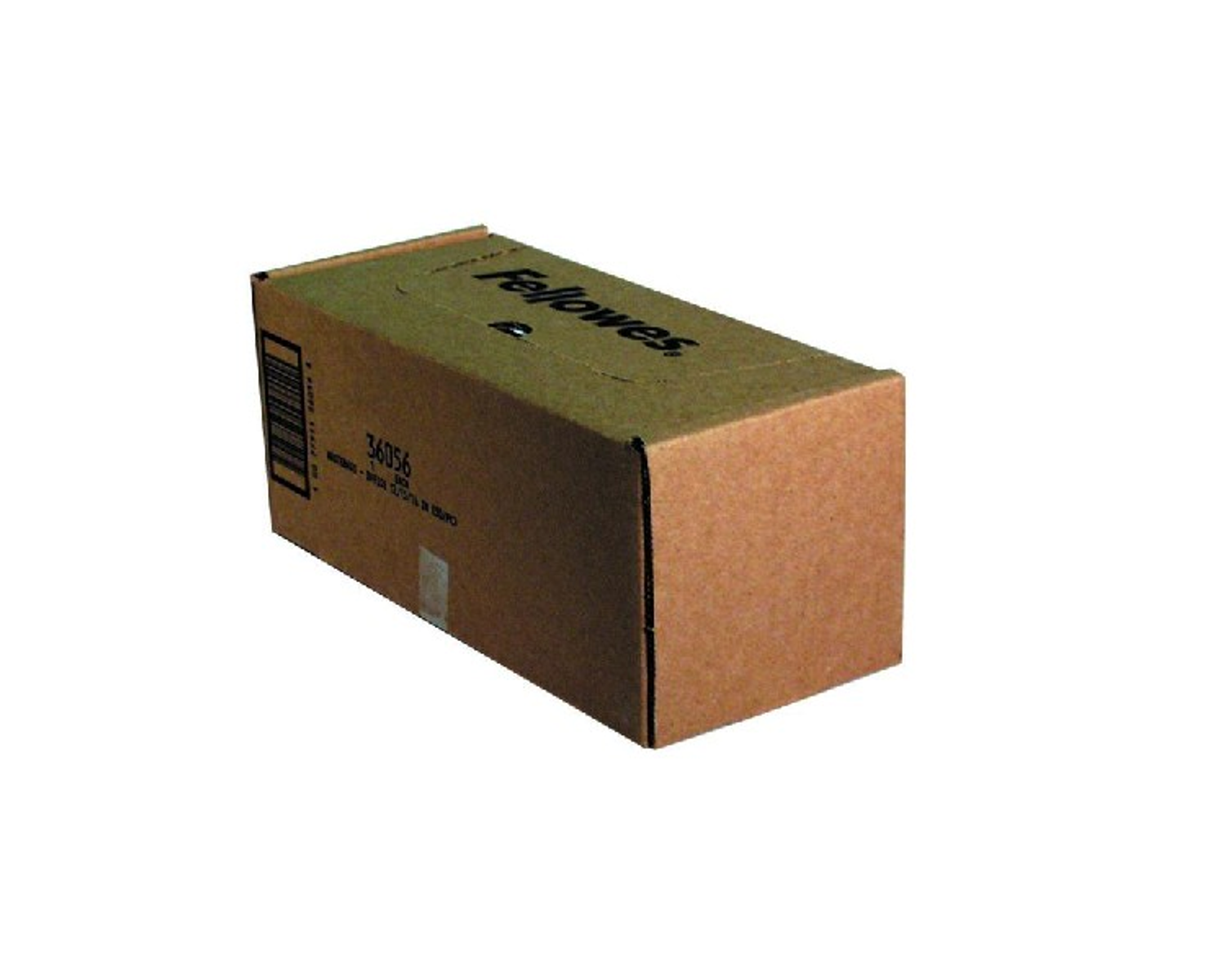 Una caja de cartón con la palabra "Fellowes" escrita. La caja está vacía.