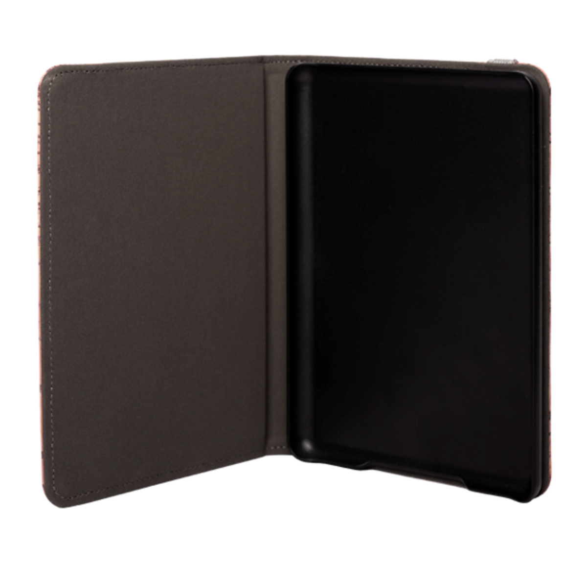 Una funda de tableta abierta, mostrando una pantalla negra.