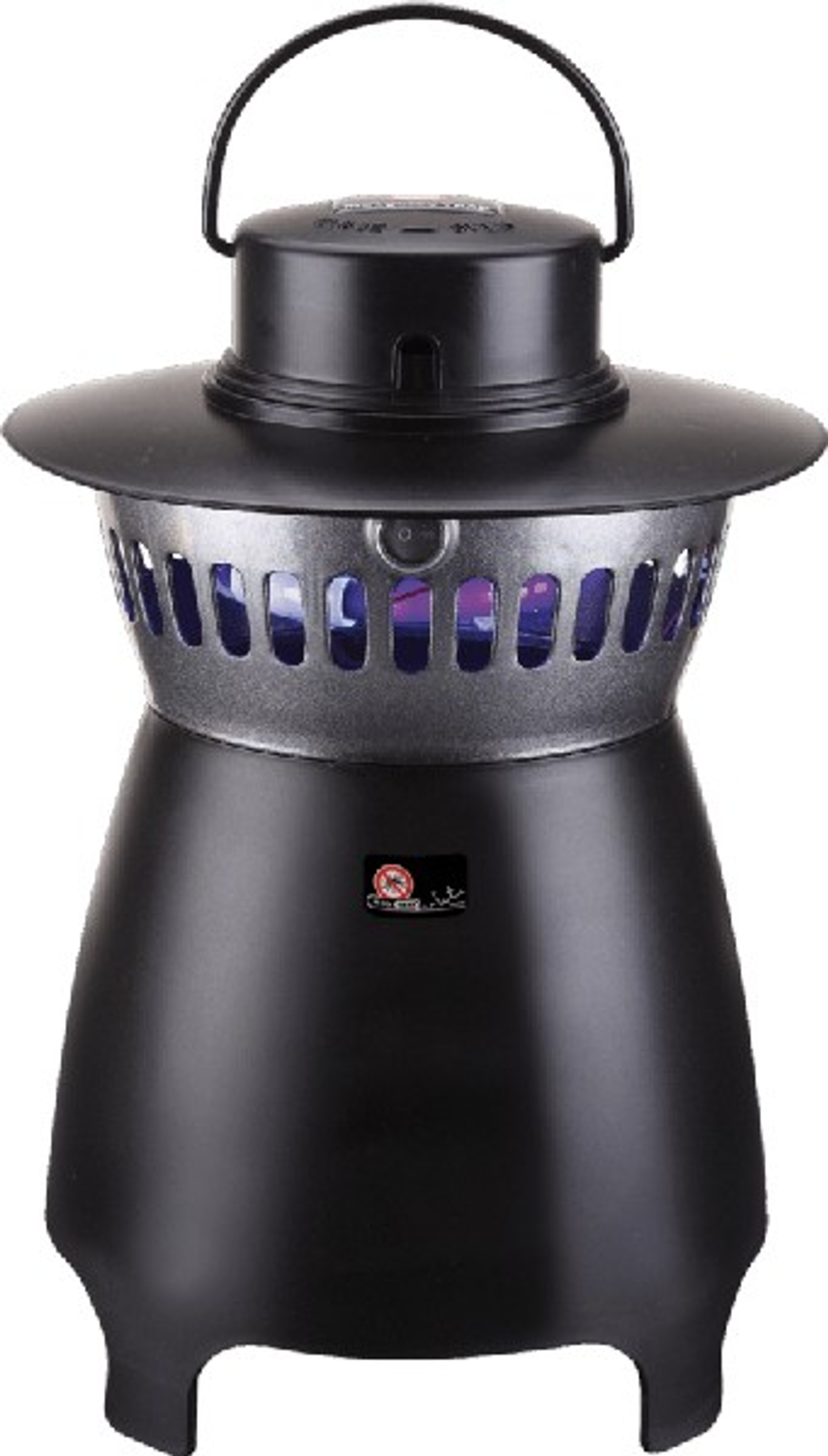 Mata insectos negro con asa. Tiene una luz UV morada.