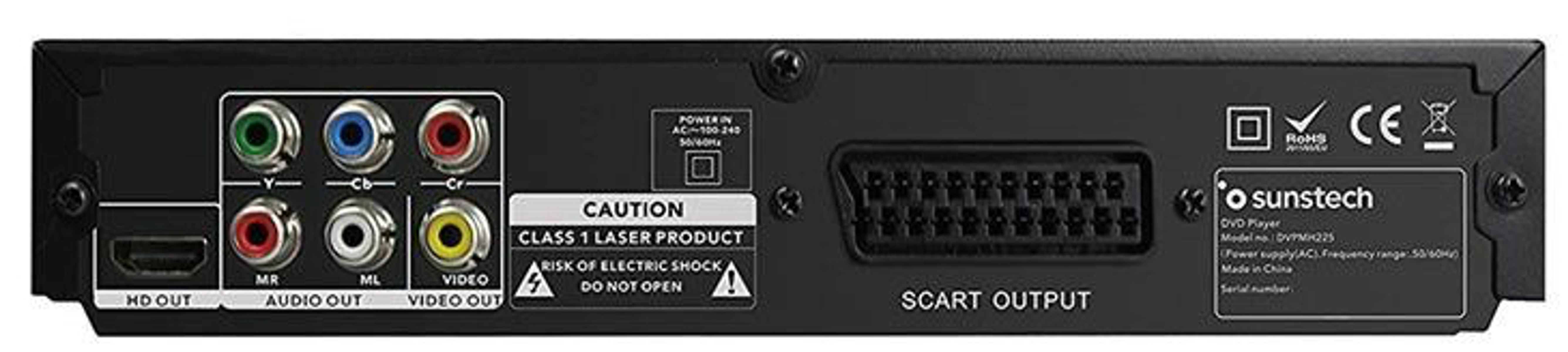 Tył czarnego odtwarzacza DVD z różnymi portami i etykietami ostrzegawczymi.