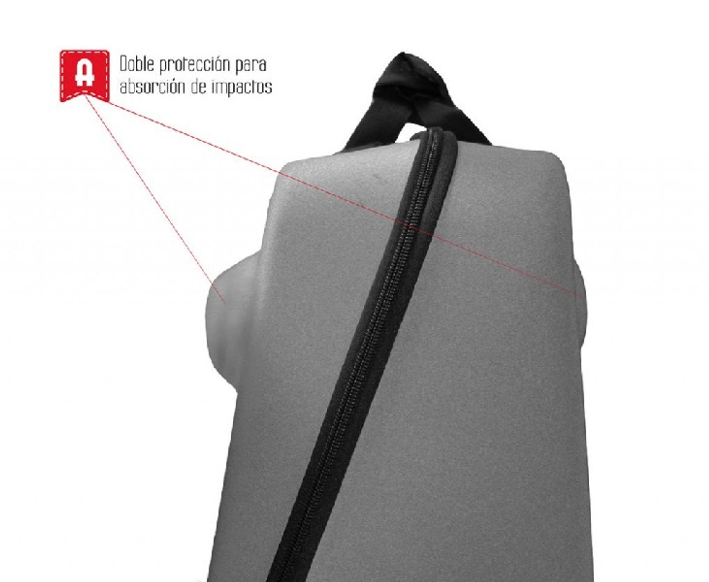 Mochila gris con cremallera negra. Texto: doble protección para absorción de impactos.