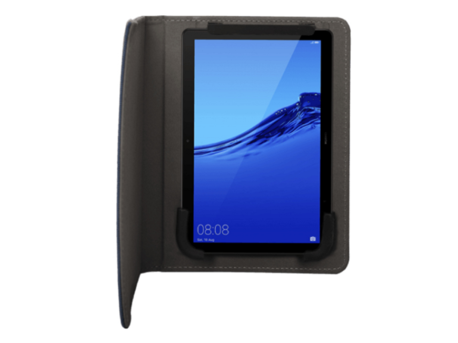 Funda de tableta gris con una tableta dentro. La pantalla muestra una imagen azul.