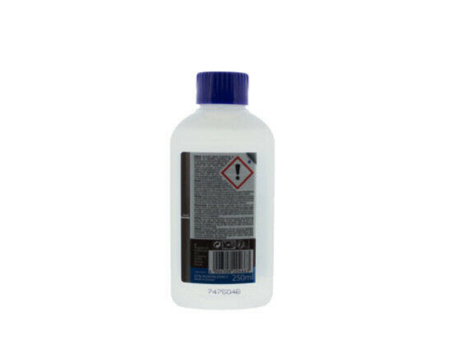 Eine weiße Flasche mit blauem Deckel. Sie hat ein Etikett mit Warnhinweisen und 250 ml Inhalt.