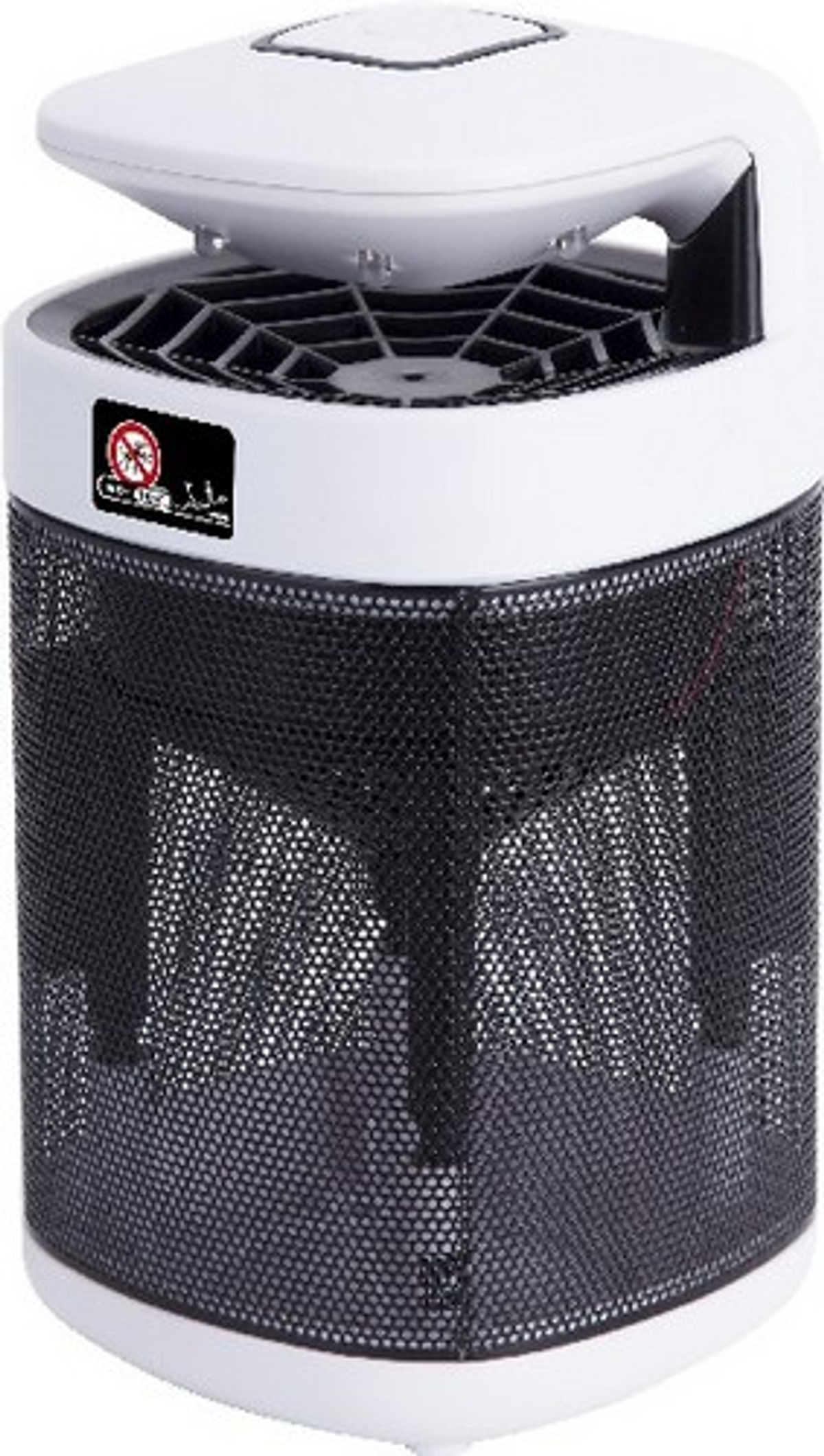 Mata insectos eléctrico blanco y negro. Tiene una malla y una parte superior con ventilador.