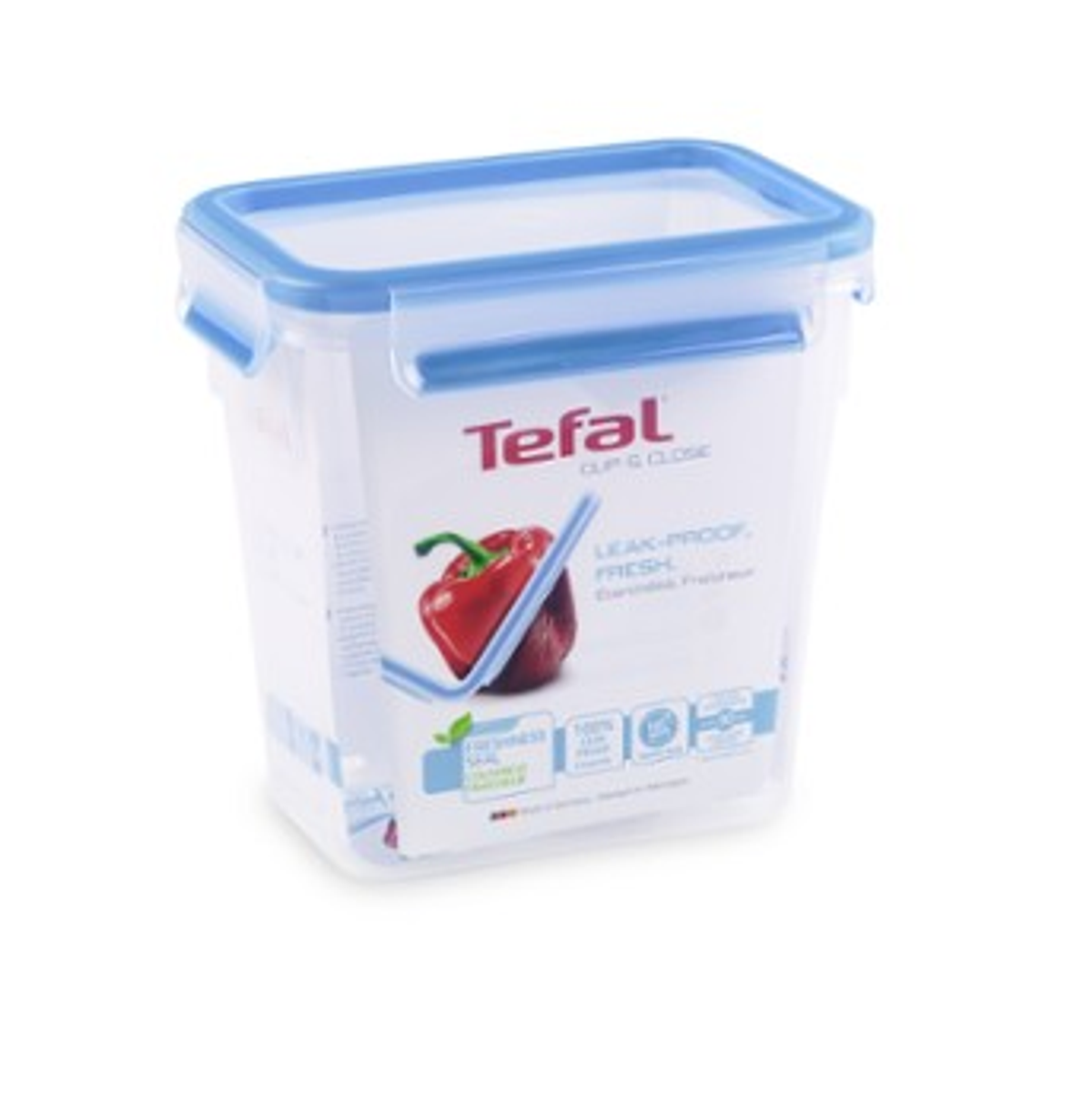 Un recipiente de plástico transparente Tefal con tapa azul, con un pimiento rojo.