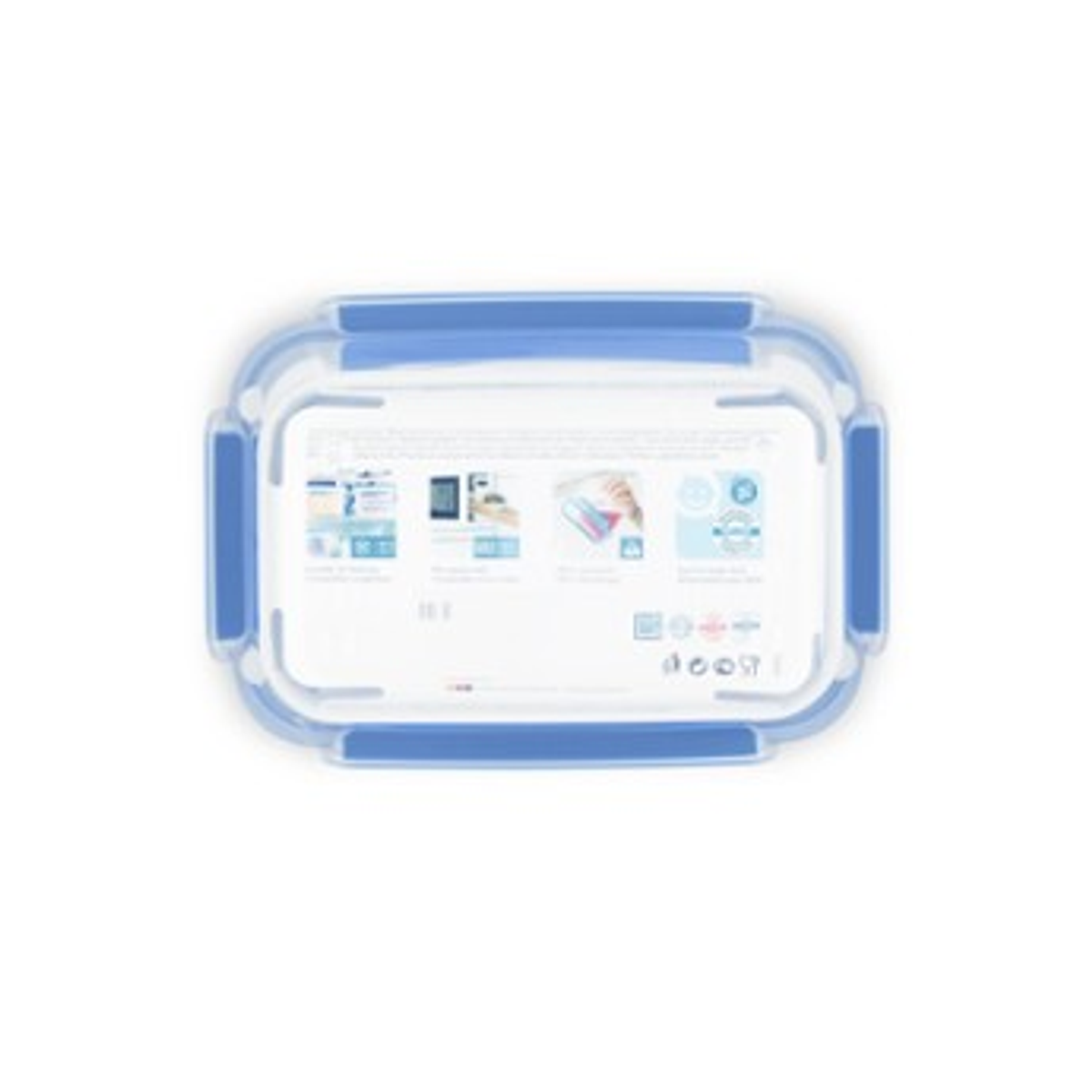 Contenedor de alimentos rectangular, transparente con tapa y cierres azules. Vista superior sobre fondo blanco.