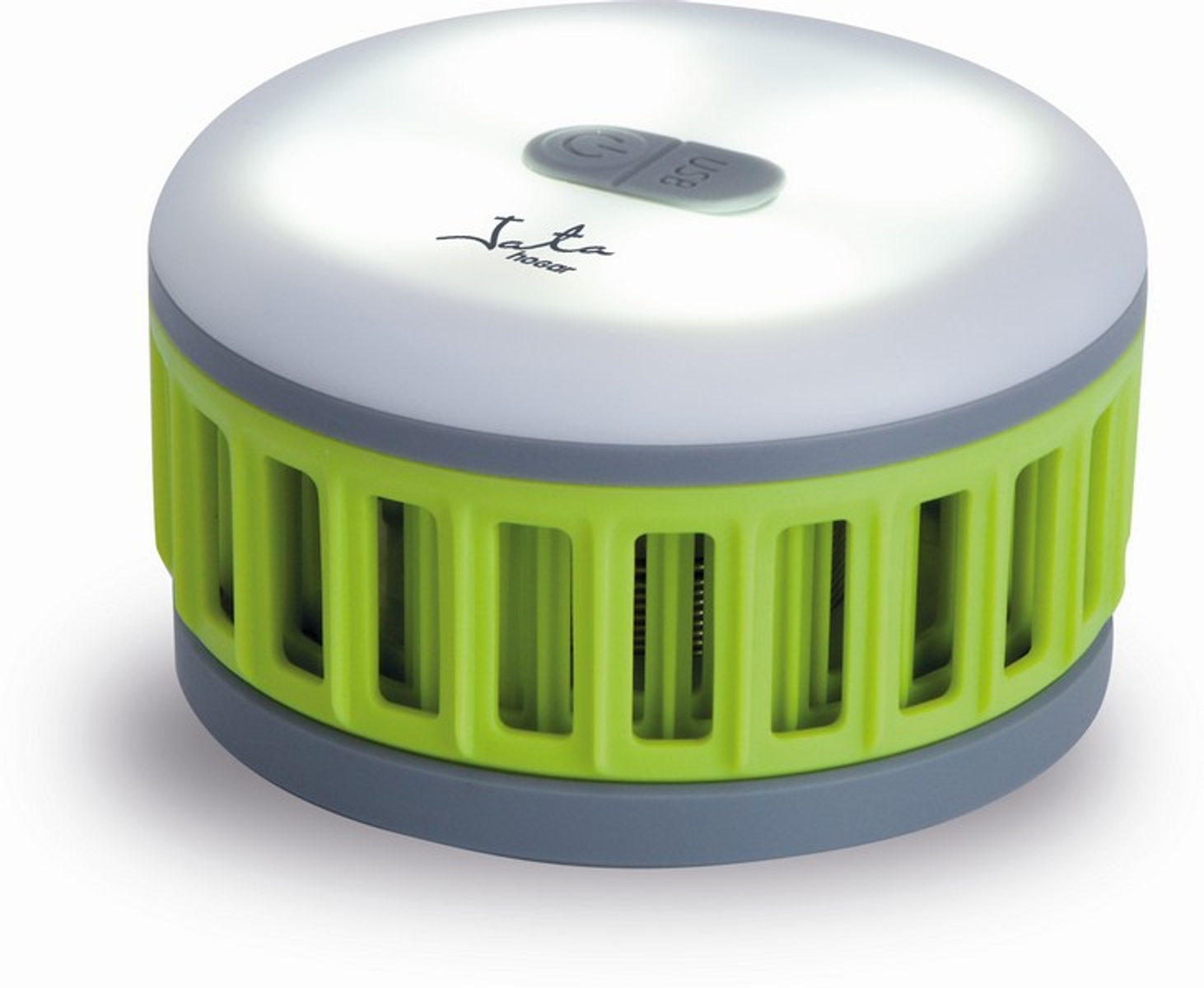 Repelente de mosquitos redondo, verde y blanco con puerto USB y botón de encendido.