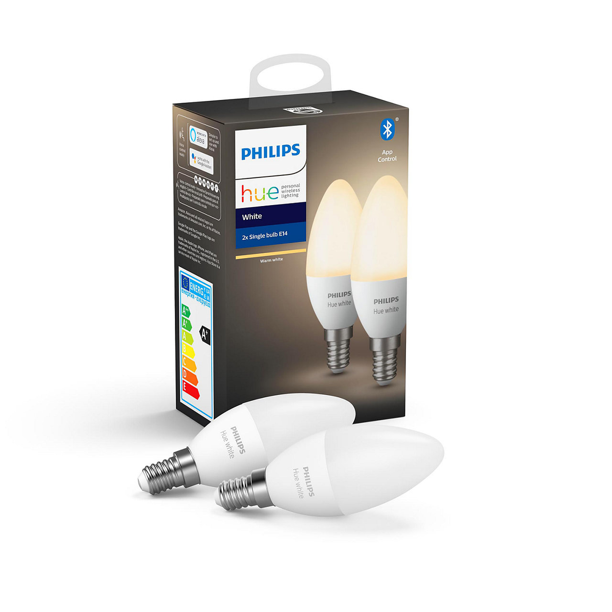 Pack 2 Bombillas bluetooth philips hue vela led e14 luz blanca inteligentes white regulable 5.5w compatible con alexa y google