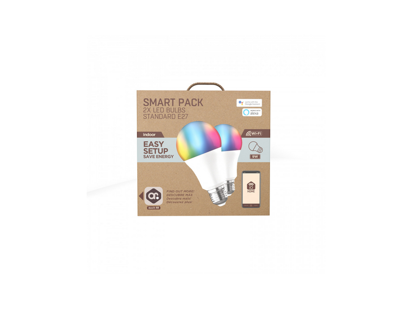 Pudełko Smart Pack z dwiema żarówkami LED. Pudełko zawiera tekst i obrazy. Białe tło.