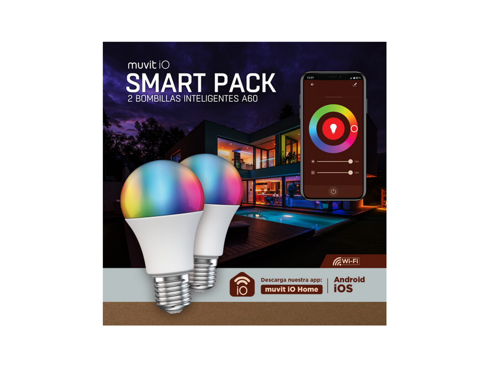 Pudełko smart pack z dwiema inteligentnymi żarówkami i telefonem wyświetlającym koło kolorów.