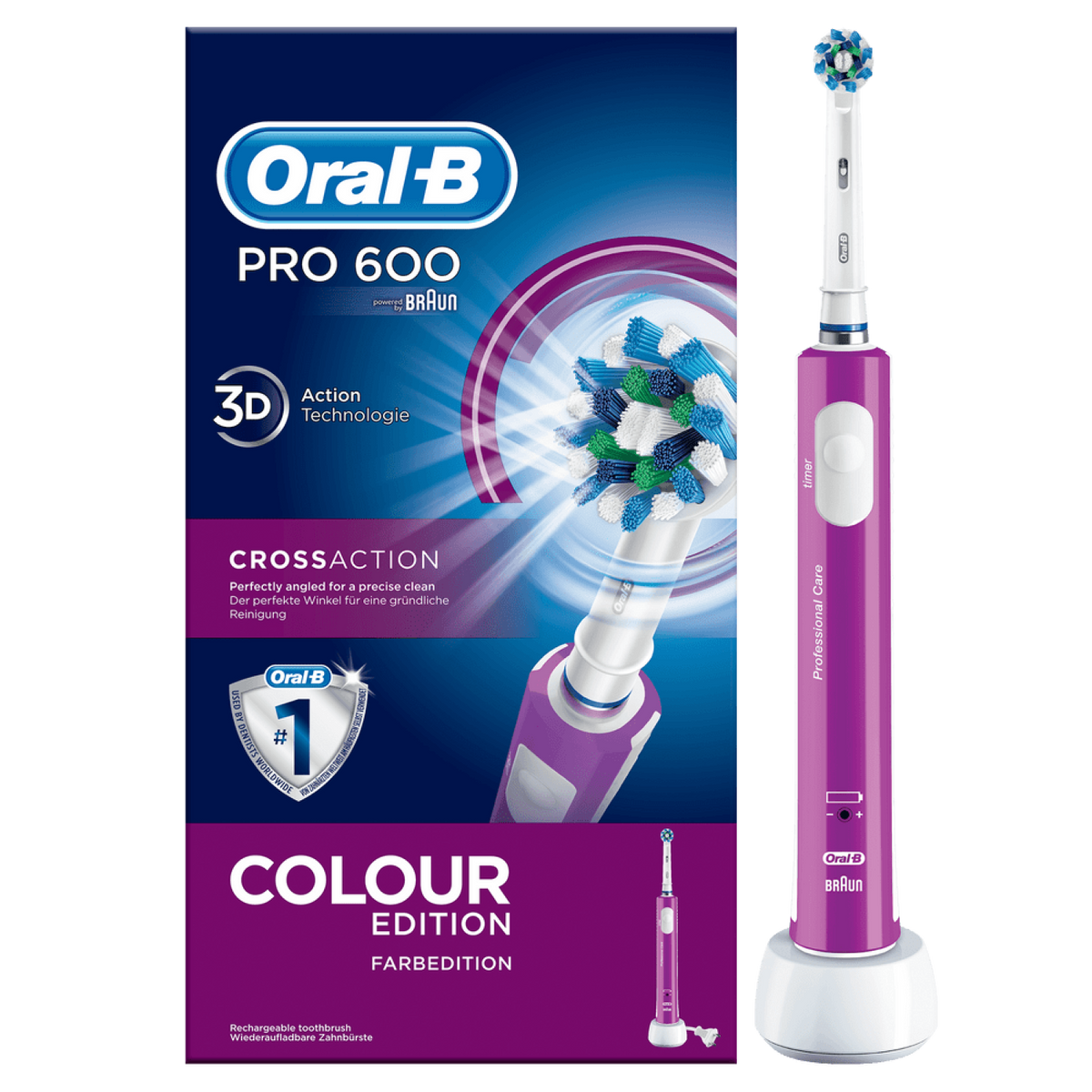 Cepillo eléctrico - Oral-B, PRO 600 CrossAction, Con tecnología Braun, Recargable, Edición Purple, Morado