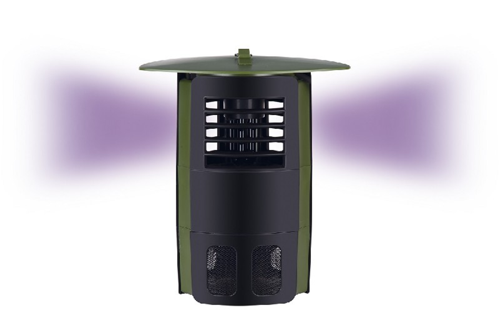 Un mata insectos negro y verde. Tiene una luz UV morada.