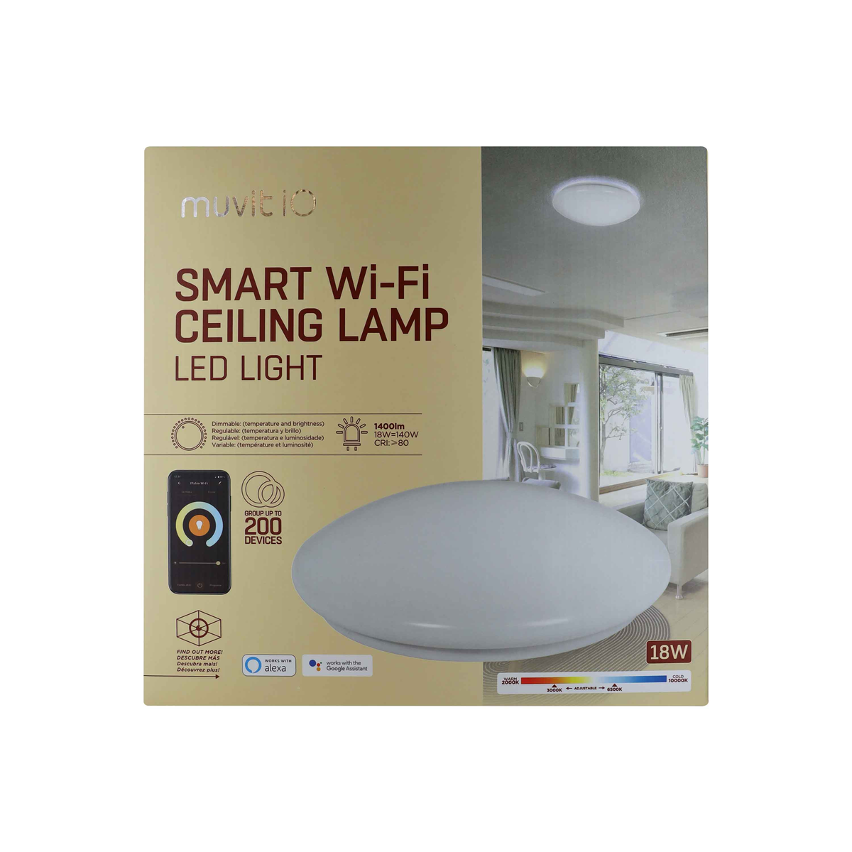 Biała inteligentna lampa sufitowa Wi-Fi z tekstem i ikonami. Ma 18W.