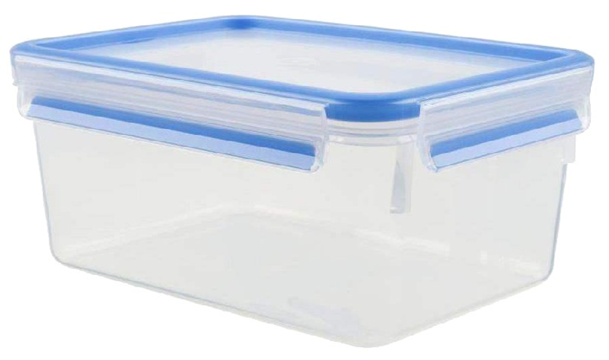 Un recipiente transparente de plástico para guardar alimentos con tapa y clips azules.